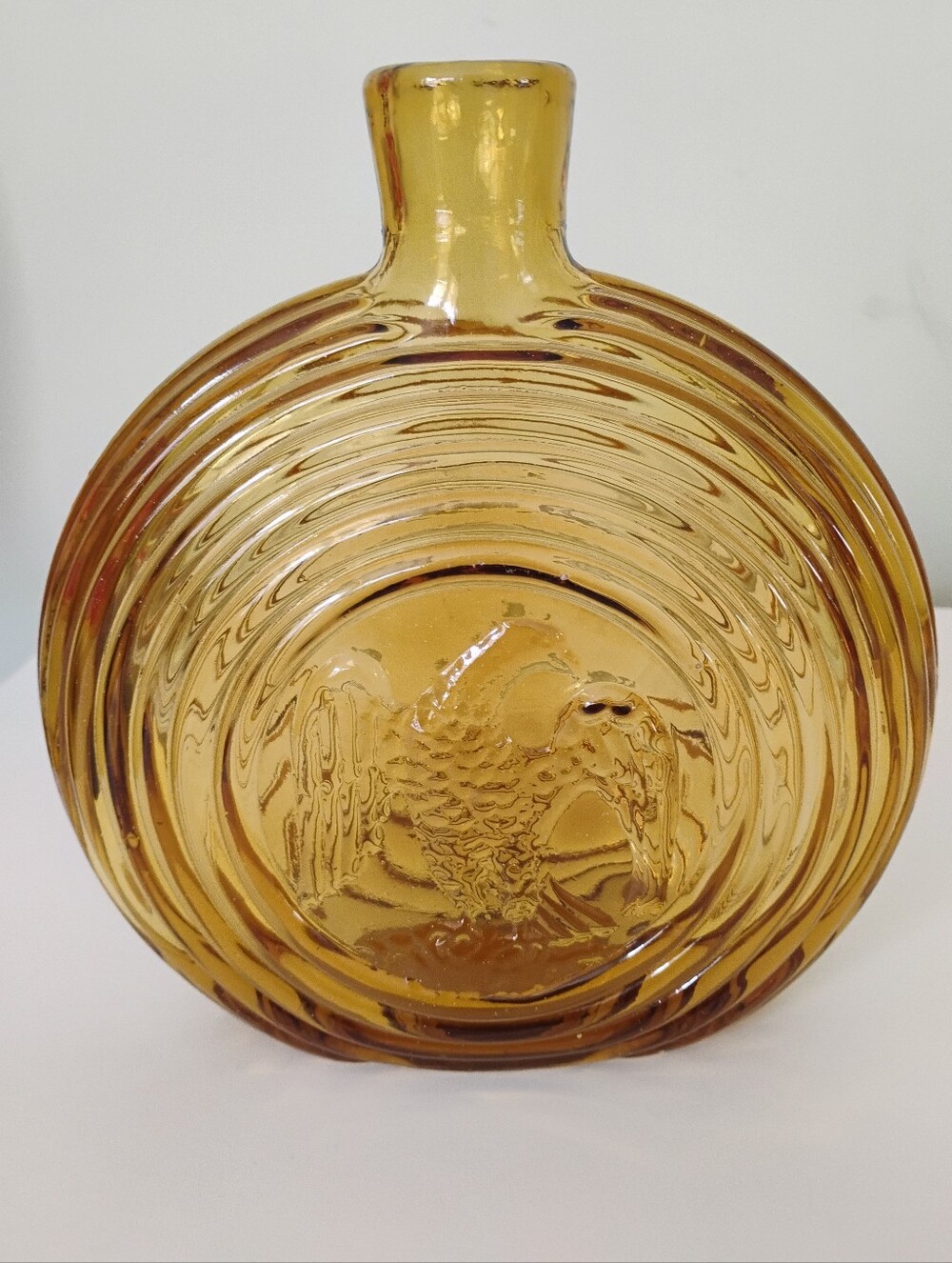 Vintage MCM Empoli Rossini Embossed Eagle Amber Glass Decanter Bottle Vase-Italy